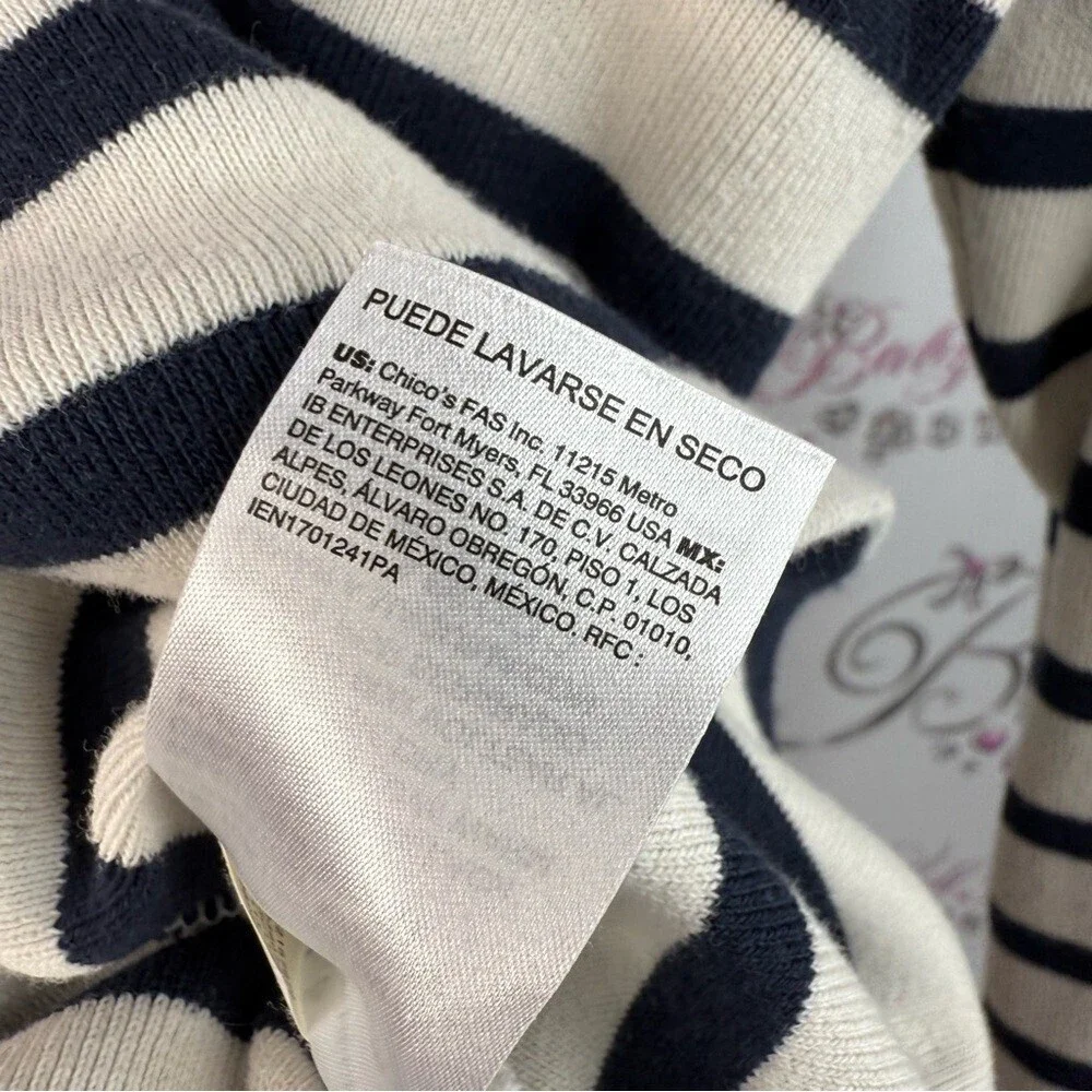 Chico's pull over shirt buttons, navy Black and White Striped Long Sleeve Top